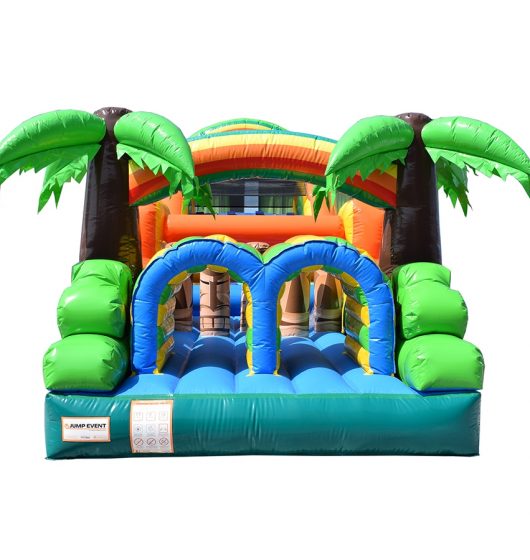 Parcours Tiki Island parcours d'obstacles location jeu gonflable thème plage Hawaï mayas challenge défi france été enfants